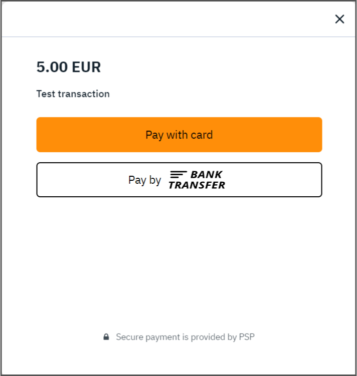 Payment widget with several payment methods: card payment and bank transfer